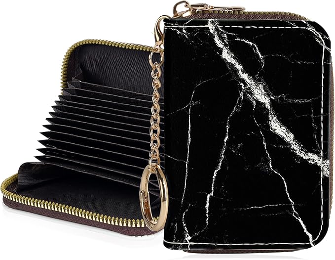 Credit Card Holder for Women,Small Rfid Wallet with Keychain Zipper,Cute PU Leather Card Case Wallet，Accordion Credit Card Wallets Gift,Black marble texture