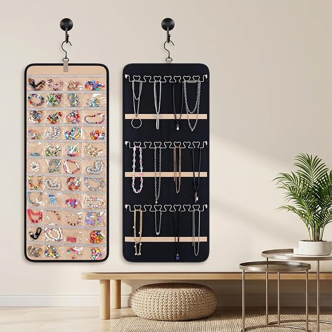 3 Pack Hanging Jewelry Organizer Storage with 48 Pockets and Hooks Dual-Sided Hanging Jewelry Organizers and Storage Hang on Closet, Wall, Door for Earrings, Necklaces, Rings,Blcak