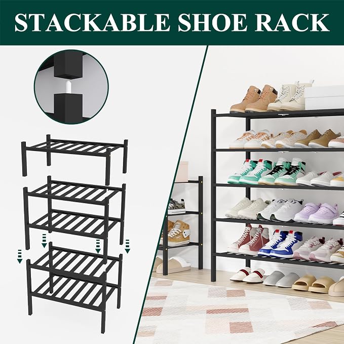 Smiry Long Bamboo Shoe Rack, 3 Tier Free Standing Wooden Shoe Organizer, Stackable Wood Shoe Storage Shelf for Closet, Entryway, 12 Vertical Slats, 2+1 Stack Standard Legs, 33.7"x11"x19.5", Black