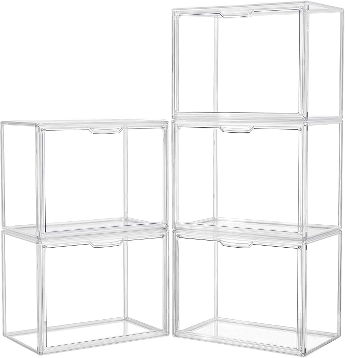 Acrylic Box Display Case, Clear Plastic Stackable Storage Bins with Magnetic Attraction Lid, Showcase for Cosmetic, Large Figures Collectibles (5 Pack, X-Large)