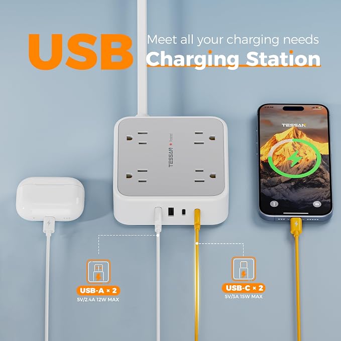 TESSAN Surge Protector Power Strip, 5 Ft Flat Plug Extension Cord with 4 USB (2 USB C) 8 Outlets, 900J Protection, 3 Sided Outlet Extender with Power Switch for Office, Dorm Room, Grey