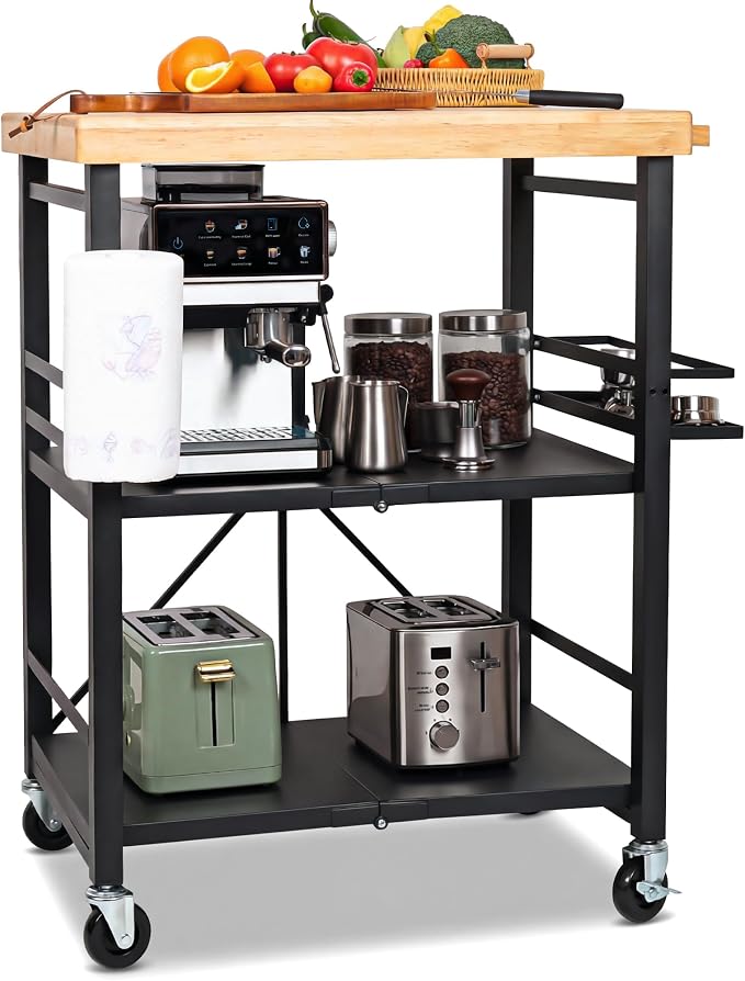 Mythinglogic Foldable Kitchen Cart with Wheels, Rolling Kitchen Island with Wood Top, 3-Tier Microwave Stand Coffee Bar Cart with Side Storage Rack, Black