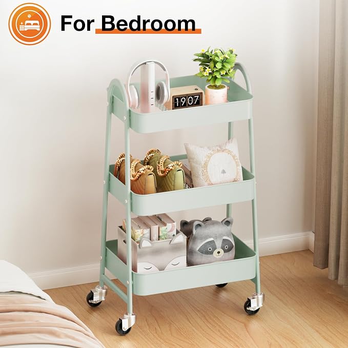 NEWBULIG 3-Tier Metal Rolling Storage Cart, Heavy Duty Mobile Utility Organizer Shelf with Lockable Wheels, Multifunctional Trolley for Daily Supplies, Home Indoor Daily Use, Green