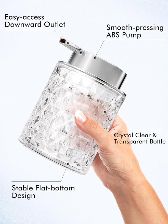 Bathroom Accessory Set, Foaming Soap Dispenser, Glass Hand Foaming Soap Dispenser, Refillable Clear Pump Bottles for Liquid or Lotion, Crystal Decorative Handwash Dispenser for Bathroom, Kitchen
