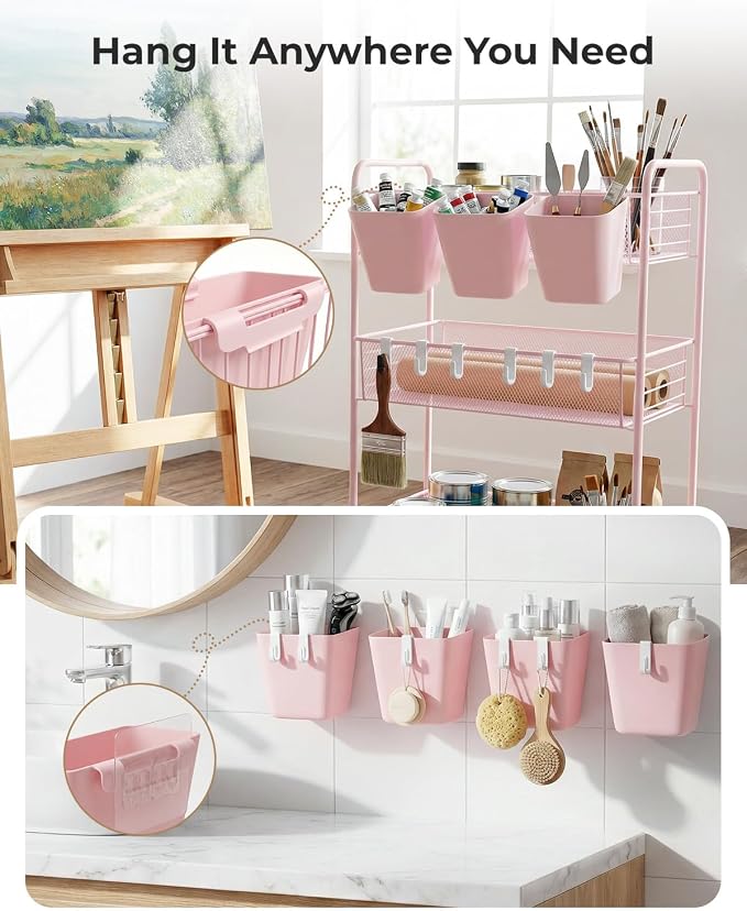 4 Pack Rolling Cart Accessories, Pink Craft Cart Cup Holder and 6 Hooks for Utility Carts, Adhesive Kitchen Cabinet Door Storage, Space-Saving Wall Mount Organizer for Bathroom, Office, Makeup