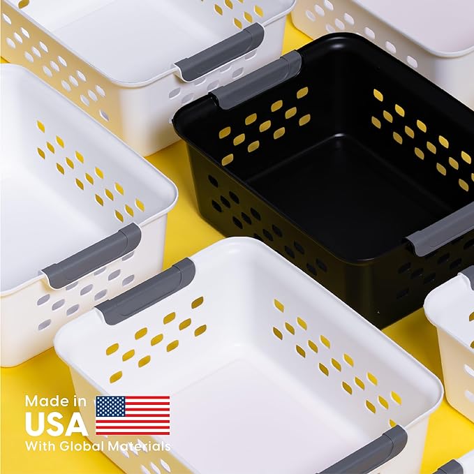 IRIS USA 8-Pack, Small Plastic Storage Basket, White | Organize pantry items, office supplies, crafts, accessories, and household essentials with easy-carry storage for shelves