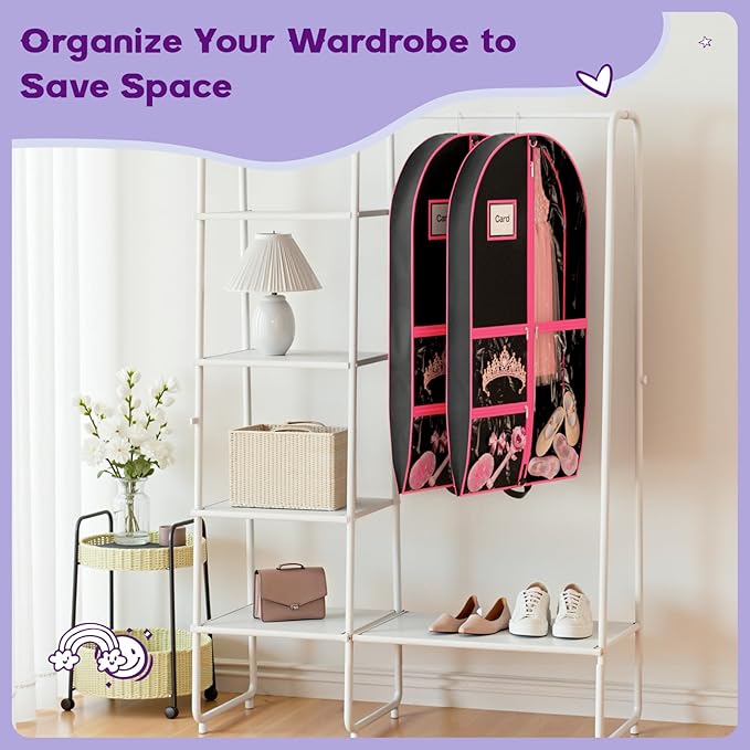Dance Garment Bags for Dancers, 40" Garment Bags for Hanging Clothes with 3 Clear Zipper Pockets, Cheer Uniform Garment Bag for Suits, Travel & Sports Jersey (Black Pink, 1 Pack (40 inches))