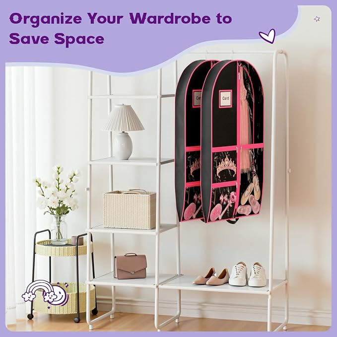 Dance Garment Bags for Dancers, 40" Garment Bags for Hanging Clothes with 3 Clear Zipper Pockets, Cheer Uniform Garment Bag for Suits, Travel & Sports Jersey (Black Pink, 2 Pack (40 inches))