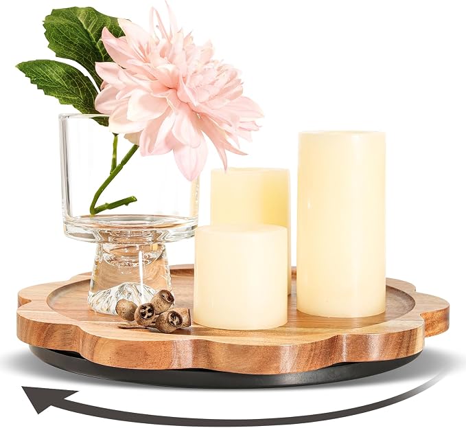 WLWNWFT Lazy Susan Turntable Organizer 10in, Acacia Wood Flower Shape Rotating Tray Cabinet Pantry Kitchen Countertop Refrigerator Cupboard Condiment Storage, Spice Rack, Pantry Organiser