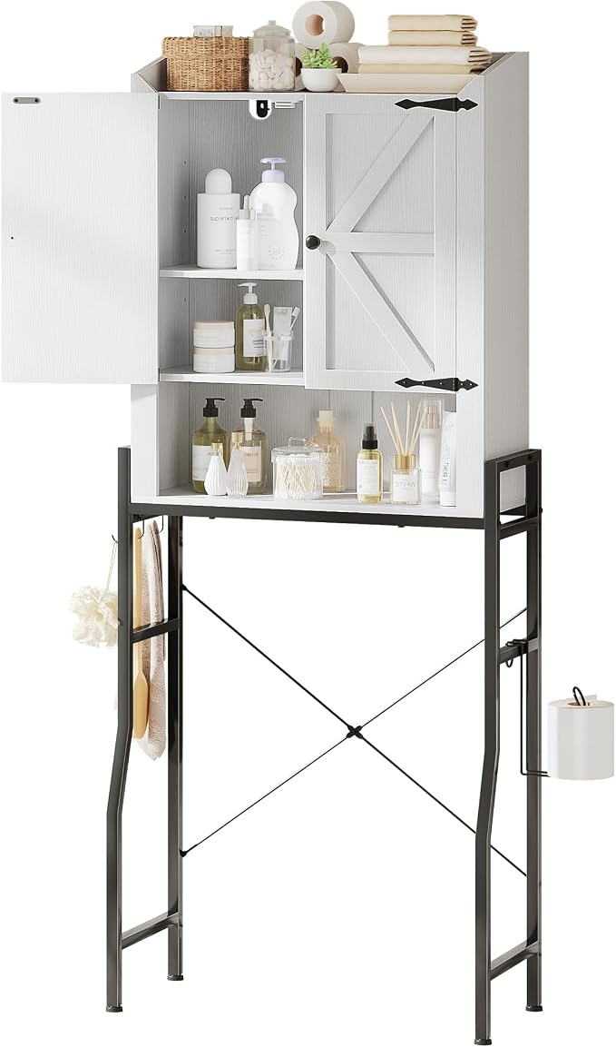 Memobarco Over The Toilet Storage Cabinet with 2-Door & Metal Stand, White | Toilet Paper Holder, 3 Extra Hooks, Anti-Tipping Device, With Adjustable Shelves, for Bathroom, Restroom, Laundry