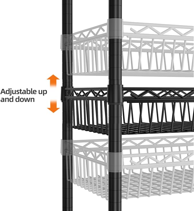 SINGAYE 6 Tier Shelf Wire Shelving Adjustable Storage Shelves Basket Rack | Adjustable Shelves with Wheels Metal Storage Unit Closet Bathroom Organizers Pantry Kitchen Garage Laundry Room Black