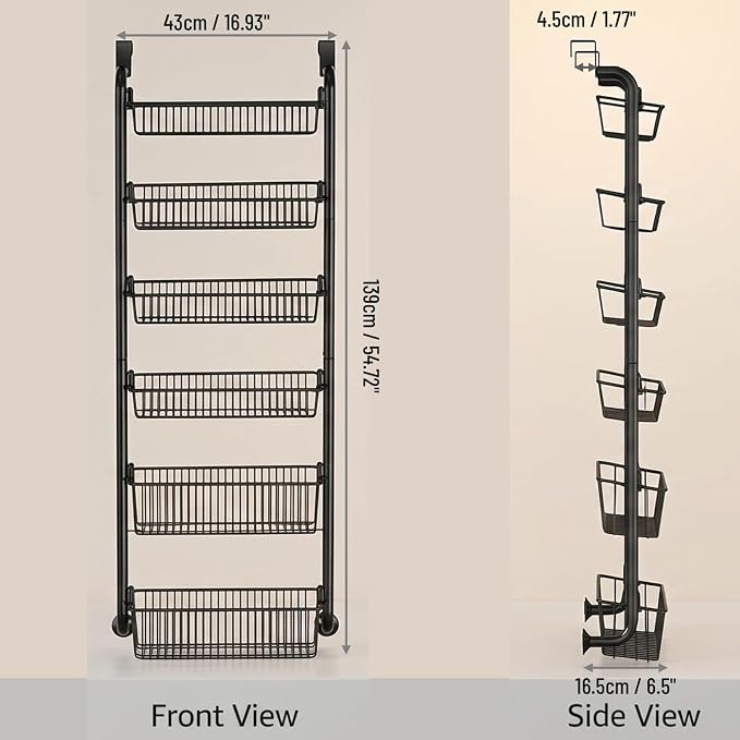 Purebox 6-Tier Over The Door Pantry Organizer & Spice Rack, Heavy-Duty Thickened Carbon Steel Frame with Deep Baskets & Anti-Shake Suction Cups for Kitchen Bathroom Laundry & Closet