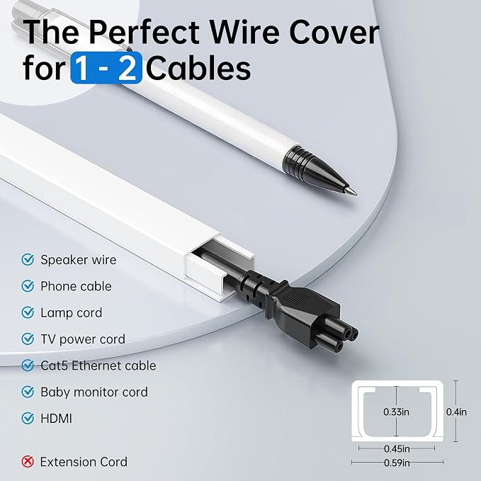 Delamu Cord Hider, 315in Total Cord Covers for Wires on Wall, Paintable Cable Cover for Wall Mounted TV, Easy Install Cable Raceways to Hide 1-2 Cords, 20 Pack, Each 15.7"L x 0.59"W x 0.40"H, White