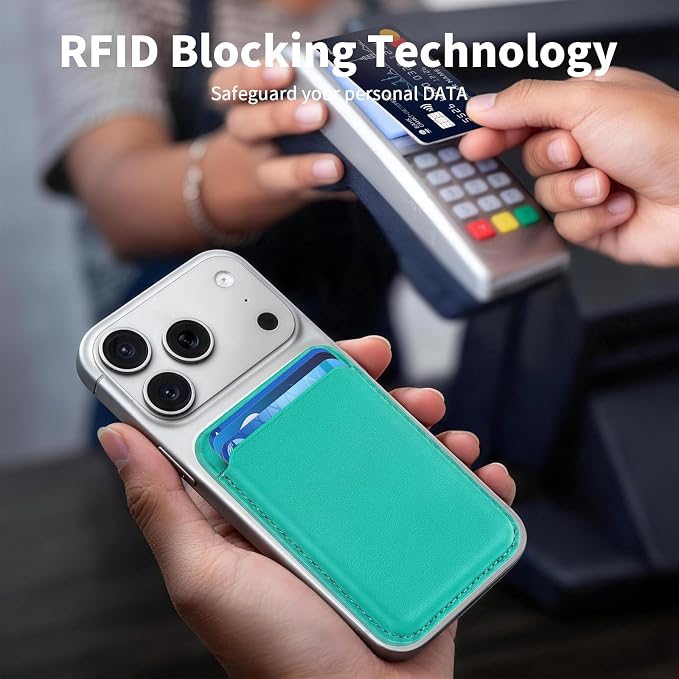 Magnetic Wallet Phone Card Holder for Phone Case with Mag-Safe, Stronger Magnetic RFID Leather Phone Wallet Stick on Series of iPhone 17/16/15/14/13/12 and Pro/Promax, Turquoise