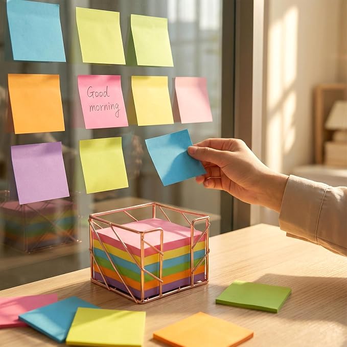 Sticky Note Holder, Multifunctional Sticky Notes Holder 3.9x3.9 Inches Desktop Organizer, Rose Gold Desk Accessories, Metal Gold Office Supplies for Home Office Decor