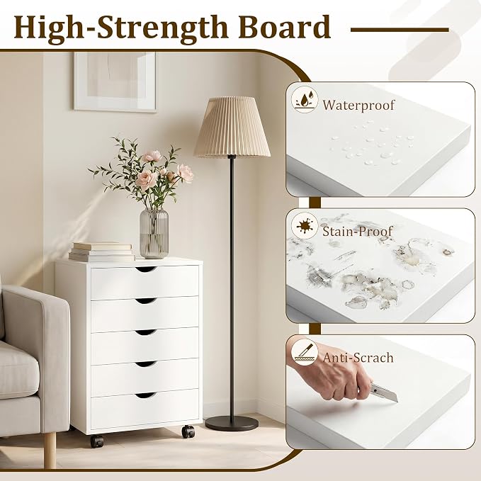 5 Drawer Rolling Storage Cabinet, Mobile File Cabinet for Office, White | Rolling Storage Cabinet with 5 Drawers for Desk Drawer Organization, Home Office Storage and Printer Stand