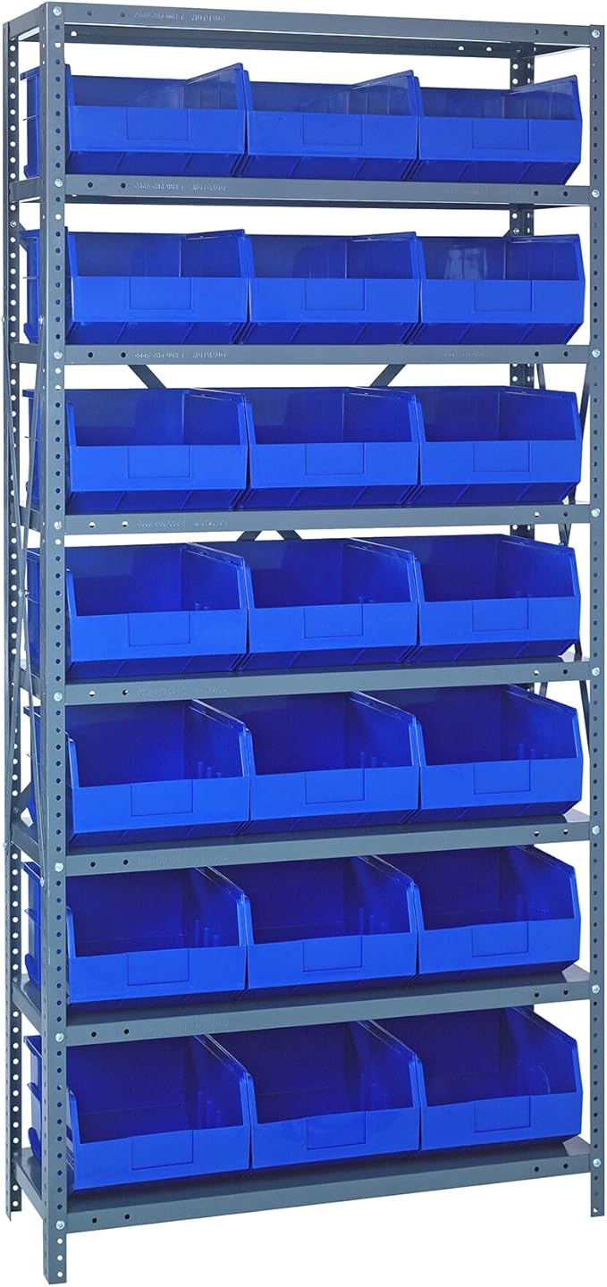 Quantum 1875-465BL Heavy Duty Shelving Unit with (8) Shelves and (21) SSB465 Blue Bins for Industrial Warehouse Storage Distribution | 400 lbs Capacity | 18"D x 36"L x 75"H, Galvanized Carbon Steel