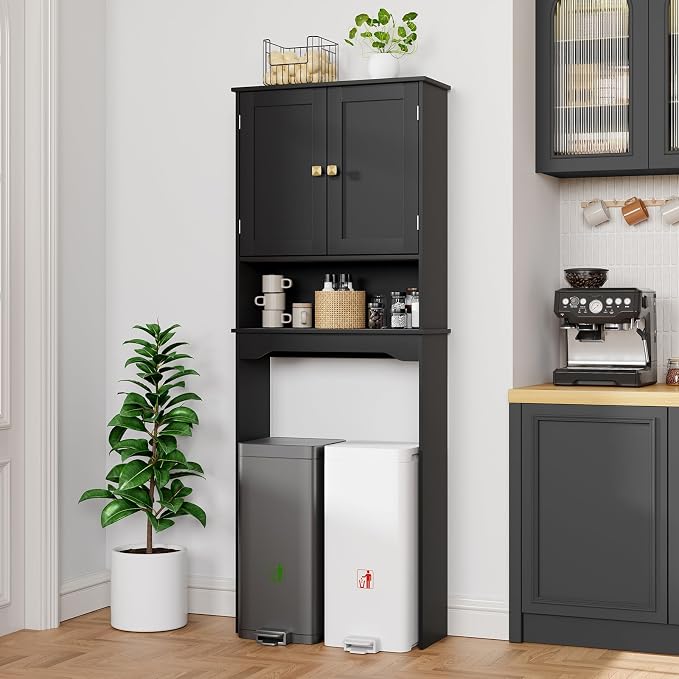 RRX Over The Toilet Storage Cabinet, Bathroom Above Organizer (Black) | Free Standing Toilet Rack with Adjustable Shelf and Open Storage, Double Doors, Space Saver,24.8" L x 9.1 "W x 65.7 "H