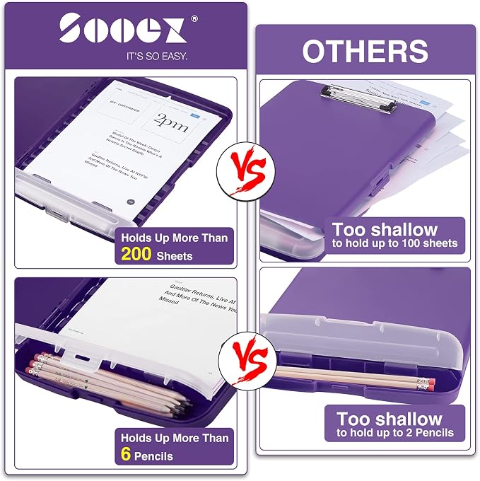Sooez Clipboard with Storage, Clip Board 8.5 x 11 with Pen Holder, Plastic Organization Case Box for Letter Legal A4 Size Paper, Low Profile Clip, Nurses Teachers Must Haves, School & Office Supplies