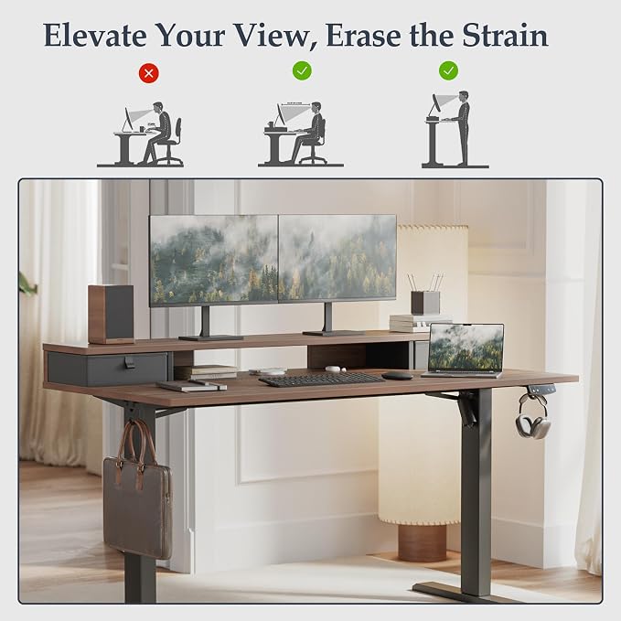 Klicelor 48 x23 Inch Electric Standing Desk with Drawers, Adjustable Height Small Sit Stand Desk for Home Office, Compact Computer Workstation with Storage– Dark Walnut