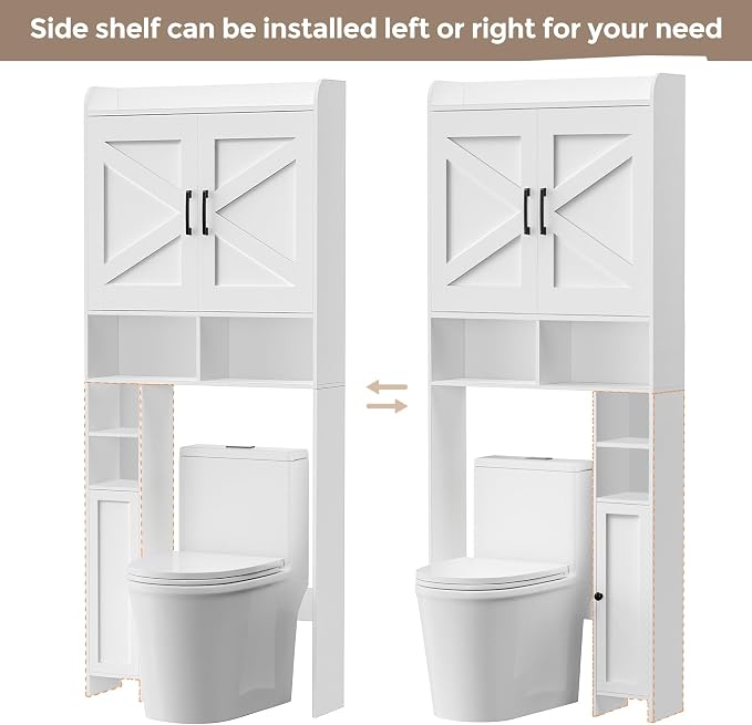 Homhedy Wooden Over The Toilet Storage Cabinet with Barn Door | Freestanding Bathroom Storage, Toilet Paper Holder, Adjustable Shelf,Space-Saving, Farmhouse Style, White