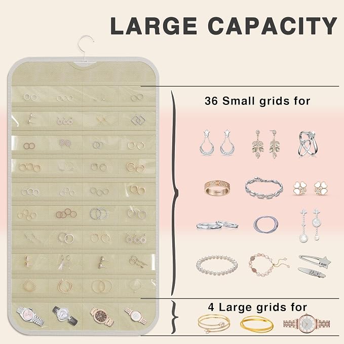 Hanging Jewelry Organizer for Necklaces Earrings, 1-Pack White and Beige | Foldable Double-Sided 36 hooks & 40 clear pockets; swivel hook fits walls, doors & rods for earrings, bracelets, rings