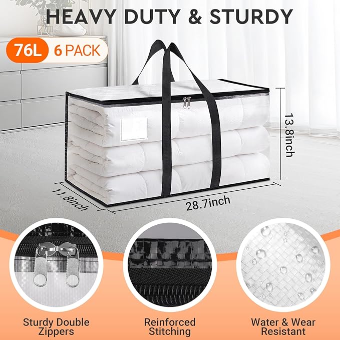 HomeHacks Clear Moving Bags Heavy Duty 6 Pack, Storage Bags with Zipper, Extra Thick Handles & Waterproof Packing Boxes for Moving, Camping, Home Organization 76L/20Gal (28.7"x11.8"x13.8")