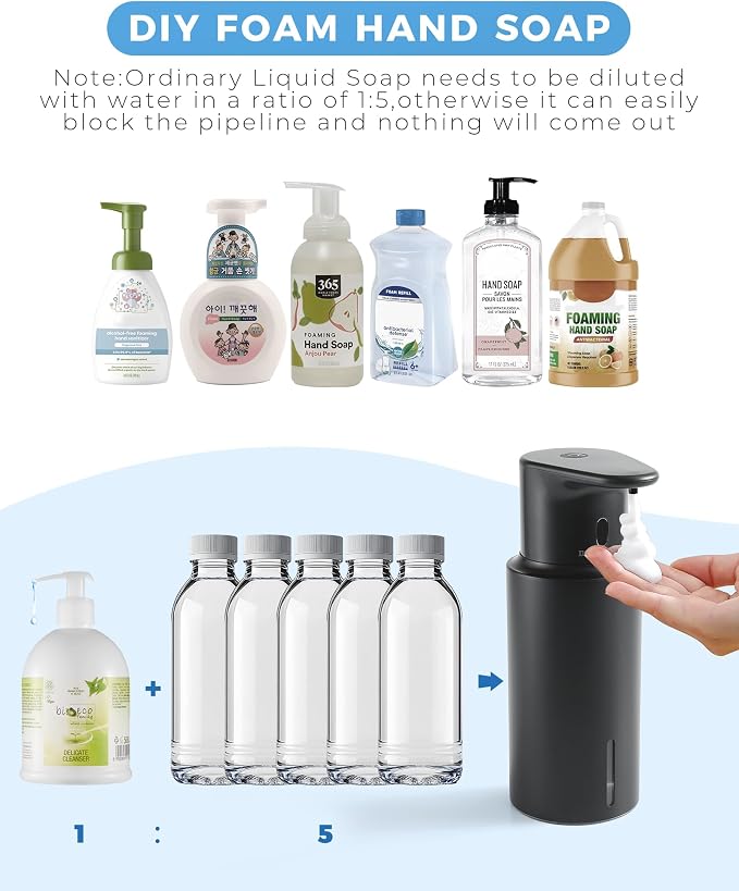 Automatic Foaming Soap Dispenser Touchless, 304 Stainless Steel Bottle Body | 16.2oz/480ml,USB Rechargeable, 3 Adjustable Liquid Levels, IPX7 Waterproof, for Kitchen Bathroom, Black