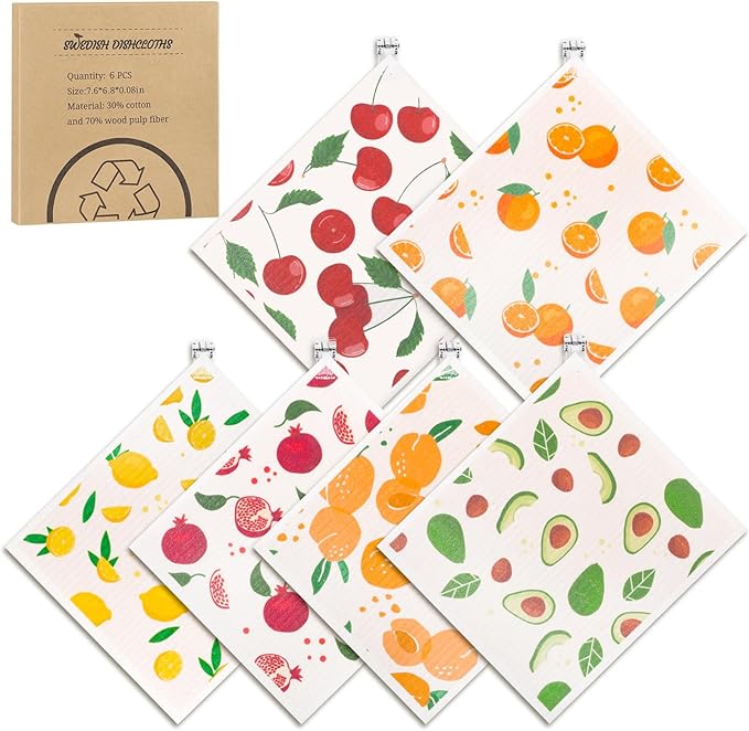 Needbrock 6 Pack Fruit Swedish Dishcloths for Kitchen,Swedish Rags Dish Towels with Clips, Reusable Paper Towels Washable Absorbent Cellulose Sponge Cloths for Countertop Dishes Cleaning