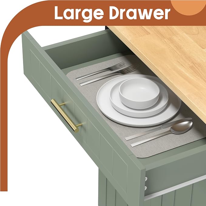 SUNLEI Rolling Kitchen Island Cart with Storage & Drawer – 26" Portable Kitchen Cart with Lockable Wheels, Towel Rack & Open Shelves for Kitchen, Dining Room, Living Room(Green)