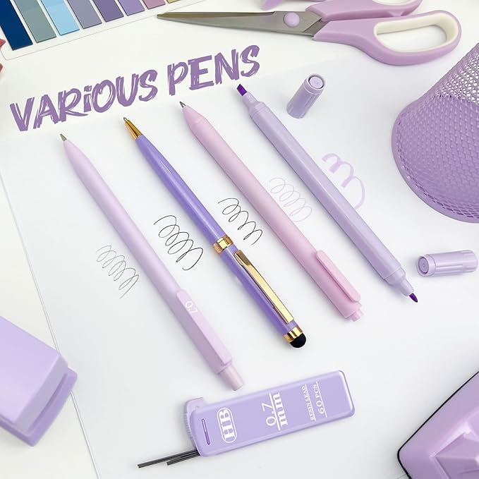Purple Desk Accessories, 17Pcs Purple Office Supplies Set with Stapler, Mesh Desk Organizer, Tape Dispenser, Staple Remover, Pen Holder, Clips, Pens, Ruler, for Office Home School Women Students Gift