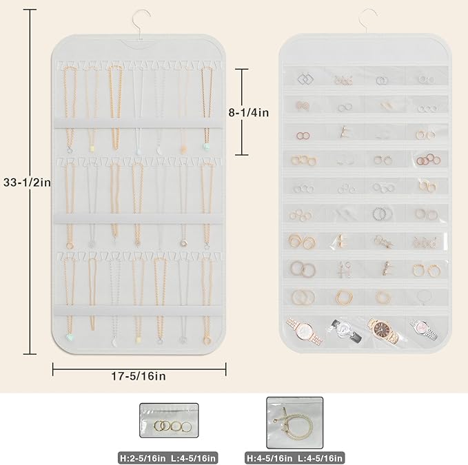 Double-Sided Hanging Jewelry Organizer for Necklaces Earrings, 1-Pack White | Foldable 36 hooks & 40 clear pockets; swivel hook fits walls, doors & rods for earrings, bracelets, rings & small jewelry