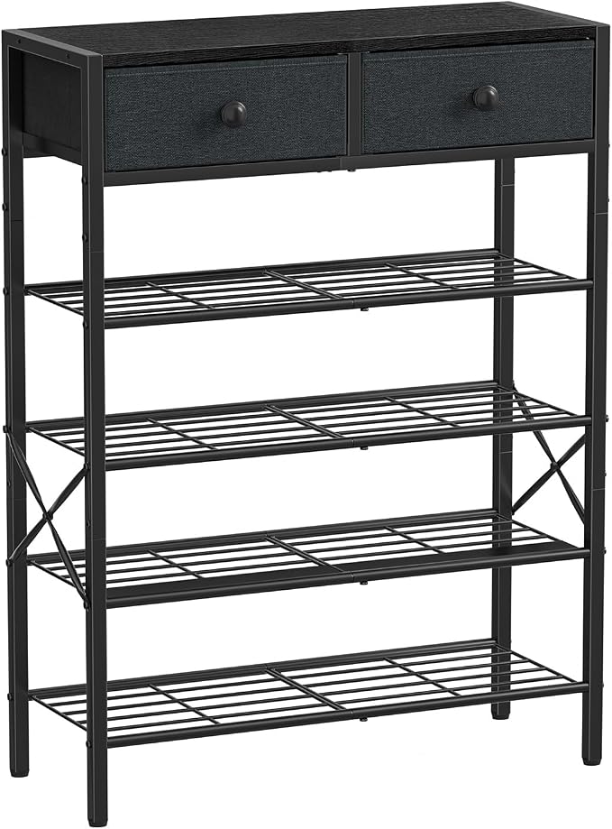 Shoe Rack for Entryway, 5 Tier Shoe Organizer with 2 Non-Woven Drawers, Metal Storage Shoe Shelf for 16-20 Pairs of Shoes, with Wooden Top and Steel Frame, Shoe Stand for Closet Black Grey