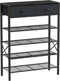 Shoe Rack for Entryway, 5 Tier Shoe Organizer with 2 Non-Woven Drawers, Metal Storage Shoe Shelf for 16-20 Pairs of Shoes, with Wooden Top and Steel Frame, Shoe Stand for Closet Black Grey