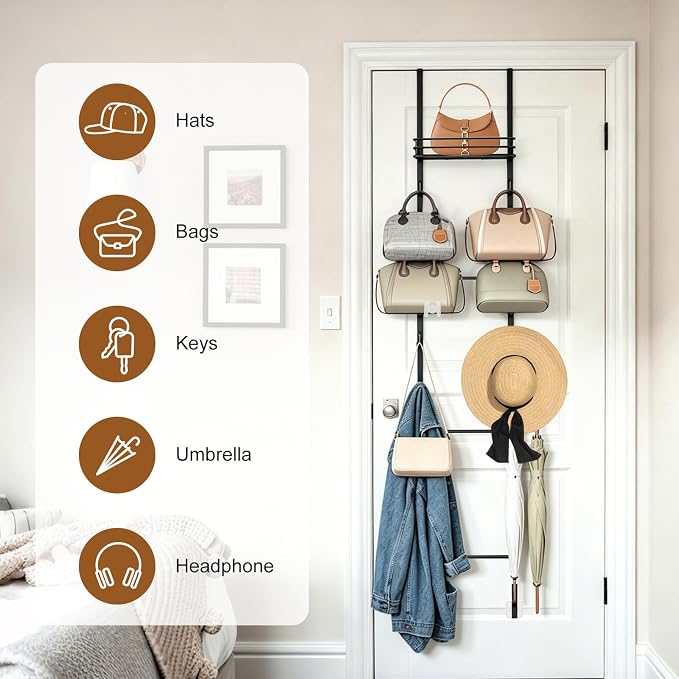 Over The Door Purse Organizer - Wall Mounted Handbag Organizer with 16 Hooks and Metal Basket,Purse Rack for Closet,Bag Rack, Handbag Rack and Hanging Purse Storage for Door,Closet