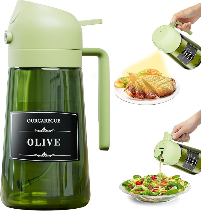 Olive Oil Sprayer & Dispenser Bottle for Cooking 16oz Dark Glass Oil Mister | 2-in-1 Oil Sprayer & Pourer, Fine mist, Light-Blocking, Wide Mouth for Easy Refill & Clean, 8 Oil Labels, Reusable