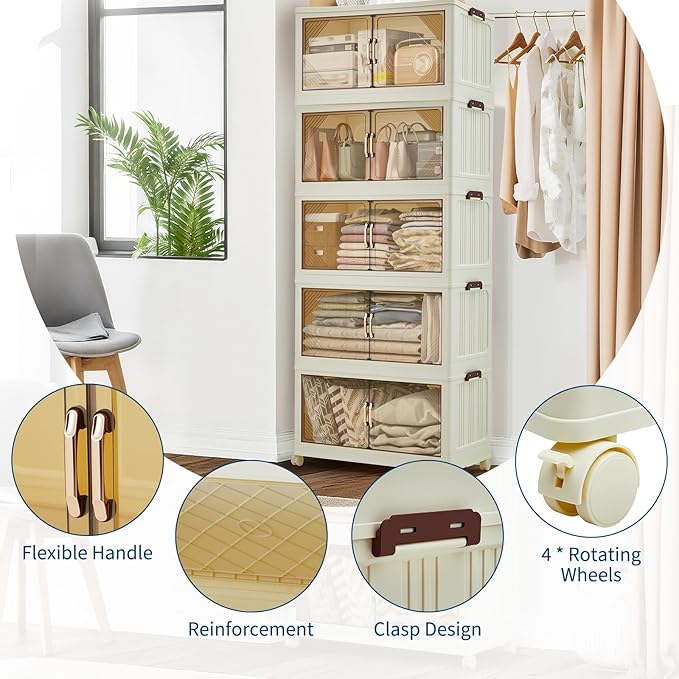 Garvee 475QT Stackable Storage Bins, Plastic Bins for Storage with Lids, Plastic Storages Drawers with Magnetic Doors & Wheels, Foldable Collapsible Closet Organizers for Home, Dorm, Office, White