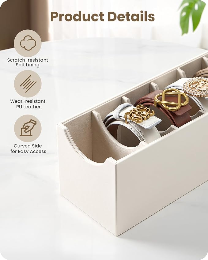 Lolalet Belt Organizer for Closet, Belt Box & Storage Drawer -Cream | PU Leather Belt Holder with 7 Extra-Wide Compartments, Soft Lining, Fits Entryway Cabinet, for Women, 1 Pack