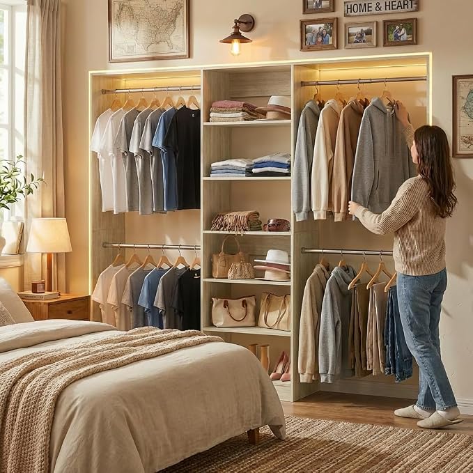 Homieasy Closet System, 4.5-11.5 Ft Expandable Closet Organizer with 5 Hanging Rods, Walk-in Wood Closet Organizer System with Storage Tower, Heavy Duty Garment Rack Wardrobe for Bedroom, Light Oak