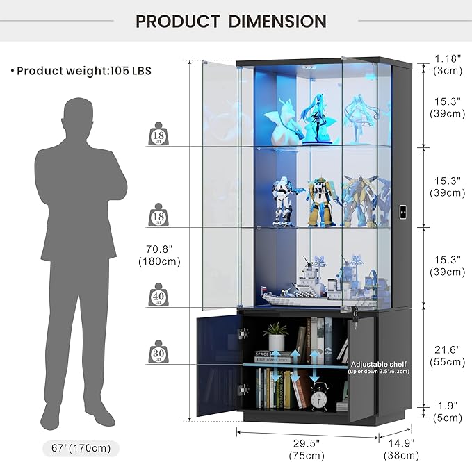 Lvifur 71” Tall Display Cabinet with Glass Doors, Modern Curio Cabinet Display Cases for Collectibles, Locking Cabinet with Shelves, Living Room Bookcase with Lights & Human Body Sensor (Black)