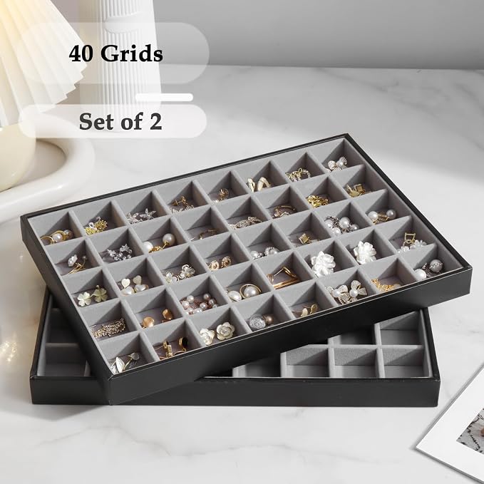 Large Jewelry Organizer Tray 2 Pack, Stackable Jewelry Storage Holder for Drawer Inserts, PU Leather Velvet Jewellery Display Case for Earring Bracelet Necklace Ring (Black Gray, 40 Grids)
