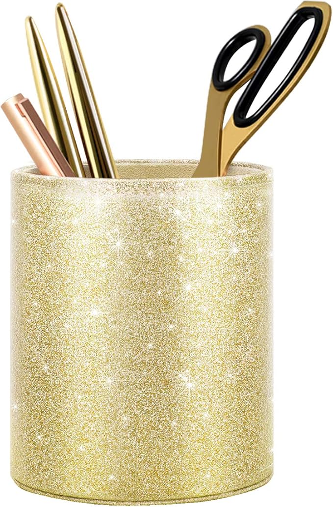 Gold Pencil Holder, Decorative Pens Holder for Desk, Makeup Brushes Organizer for Table, Large Pu Leather Multi-Functional Organizer Cup for Office, Classroom, Home, Champagne Gold