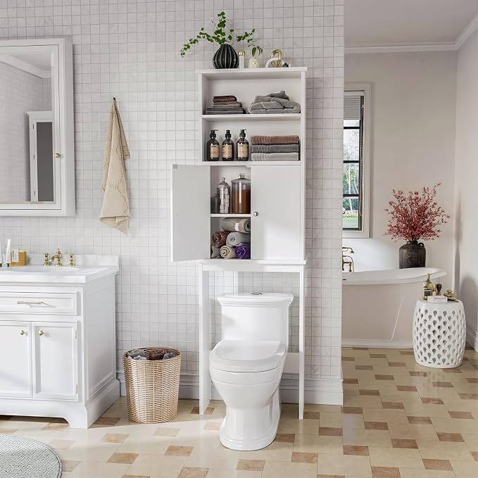 Extra Tall Over The Toilet Storage Cabinet for Bathroom, 75in Storage Organizer Over Toilet with Adjustable Shelf, Space Saver with Open Shelf, White