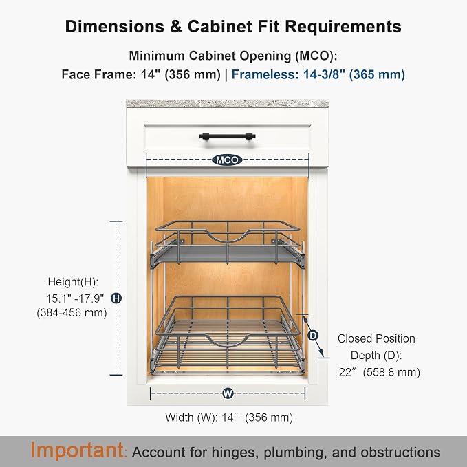 2 Tier Pull Out Cabinet Organizer - 14" W x 22" D Soft Close Slide Out Shelves with Shelf Liners - Pullout Drawers for Kitchen Cabinets, Pantry, Bathroom, Heavy Duty Steel Wire Baskets