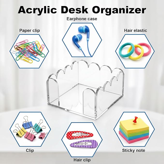 Skrfren Scalloped Acrylic Sticky Note Holder 3x3 Inch Notepad Holder with Wave Design Crystal Clear Sticky Note Holders Dispenser Thick Acrylic Desk Organizer for Office Home Dorm Classroom