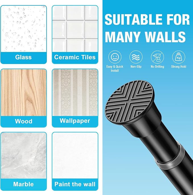 Tension Rod 24-48Inch Black Curtain Rods for Windows Spring Adjustable Curtain Rod no Drilling Tension Curtain Rods for Window,Doorway,Closets