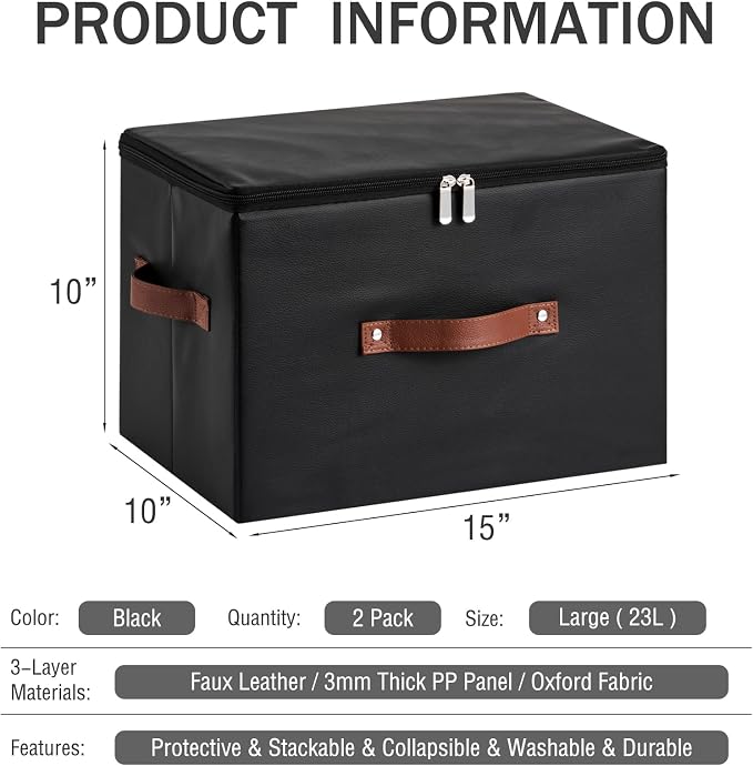 2PCS Storage Bins with Zippered Lid Decorative PU Leather Boxes | Foldable Washable Stackable Basket Container, Lidded Shelf Closet Organizer, with Handles & PP Plastic Boards, Black-Large
