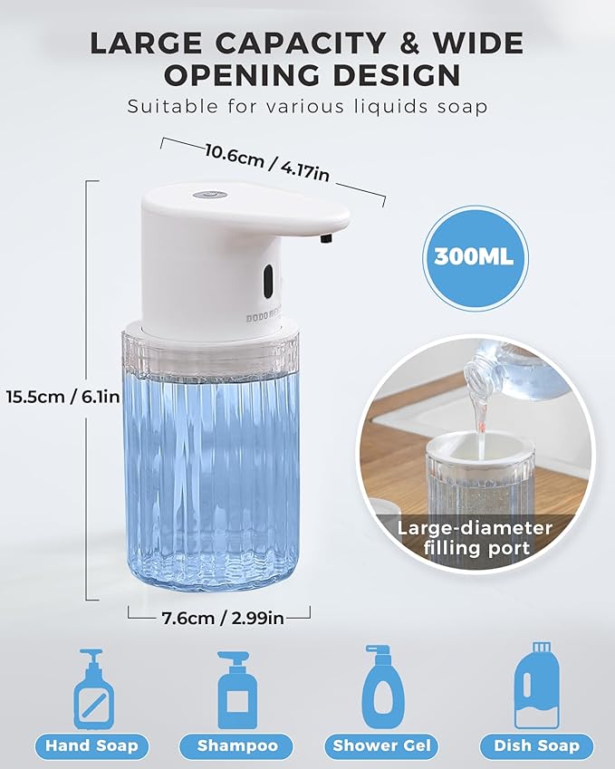 Automatic Soap Dispenser Touchless, USB Rechargeable for Kitchen & Bathroom | Hands Free Infrared Sensor, 3 Adjustable Soap Levels, IPX7 Waterproof, 10oz/300ML, for Hand Soap, Dish Soap&Lotion
