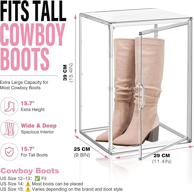 5 Pack Tall Boot Storage Box, XX-Large Clear Acrylic Shoe Storage Boxes, Fits Men's & Women's Shoes Up to Size 15, Stackable Shoe Organizer for High-Tops Sneakers, Hiking Boot, Cowboy Boot