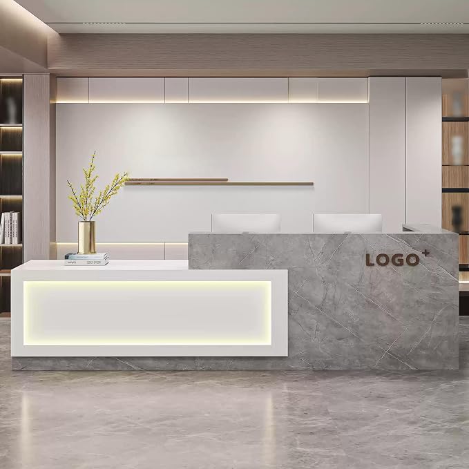 Modern Reception Desk with Counter, Front Desk Reception Counter with Lockable Drawer, Keyboard Tray & Storage Cabinet, Solid Wood Receptionist Table for Salon Office Lobby (H - Left, L 180cm/71in)